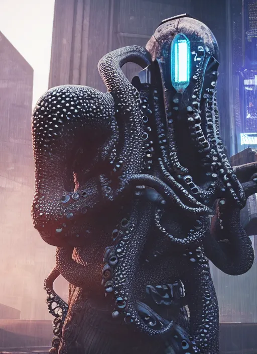 Image similar to hyperrealism, detailed textures, photorealistic 3 d cyberpunk octopus in apocalyptic city, futuristic clothing and helmet, ultra realistic, cinematic, intricate, cinematic light, unreal engine 8 k