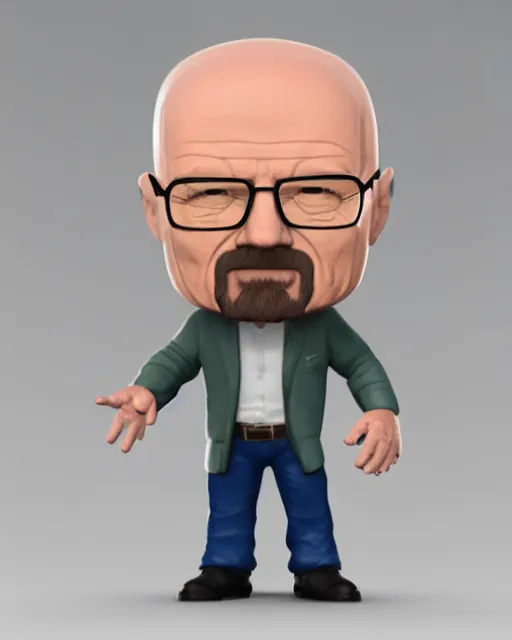 Prompt: full body 3d render of Walter White as a funko pop, studio lighting, white background, blender, trending on artstation, 8k, highly detailed