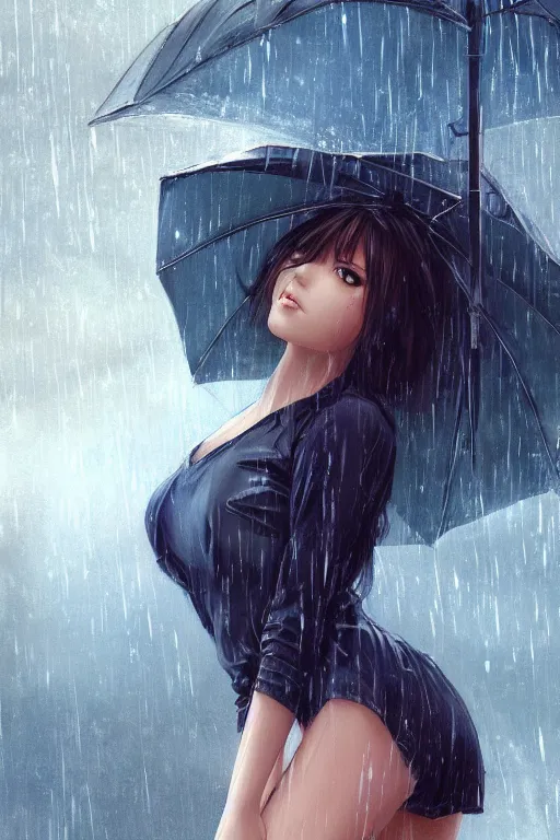 Image similar to a beautiful girl in the rain, full shot, fine - face, realistic shaded perfect body, fine details. night setting. very anime style. realistic shaded lighting poster by ilya kuvshinov katsuhiro, magali villeneuve, artgerm, jeremy lipkin and michael garmash, rob rey and kentaro miura style, trending on art station