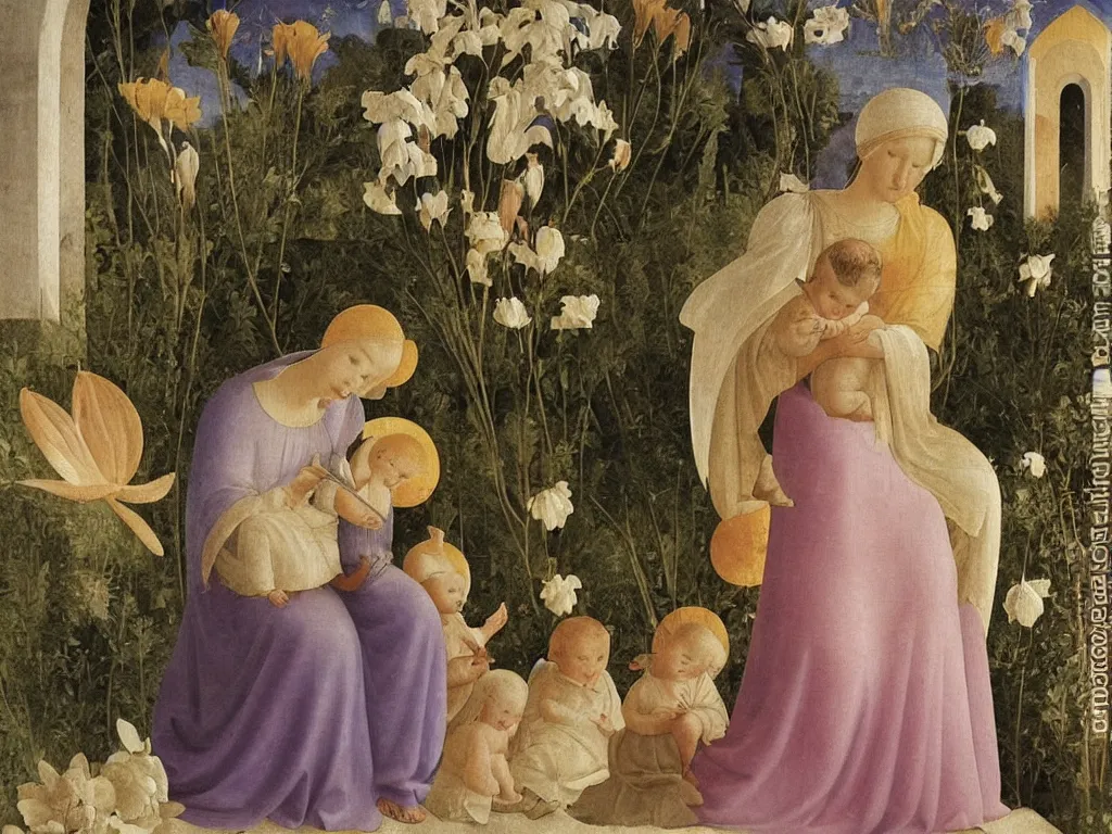 Prompt: Woman dressed in white with six babies. Iris flower in a vase, garden outside with Cypresses. An angel is arranging the seashells. Painting by Fra Angelico.