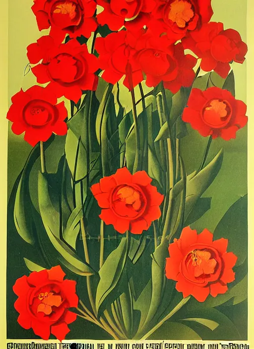 Image similar to soviet propaganda poster of phrase'tend to the flowers ', socialist realism. by alexander zelensky, viktor deni, havrylo pustoviyt