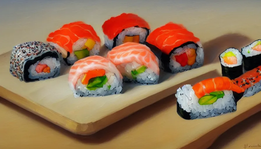 Image similar to sushi, oil painting by jama jurabaev, brush hard, artstation, for aaa game, high quality, brush stroke