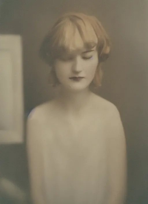 Prompt: out of focus photorealistic portrait of < zelda fitzgerald > as a beautiful young lady by sarah moon, very blurry, translucent white skin, closed eyes, foggy, closeup