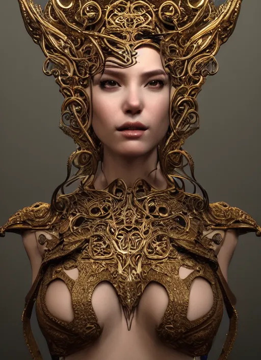 Image similar to a portrait of female in wearable sculpture art, ornate, metal works, intricate details, elegant, highly detailed, digital photography, artstation, glamor pose, concept art, smooth, sharp focus, art by artgerm and greg rutkowski, 3 d character, whole body, full body, film, photorealistic, unreal engine