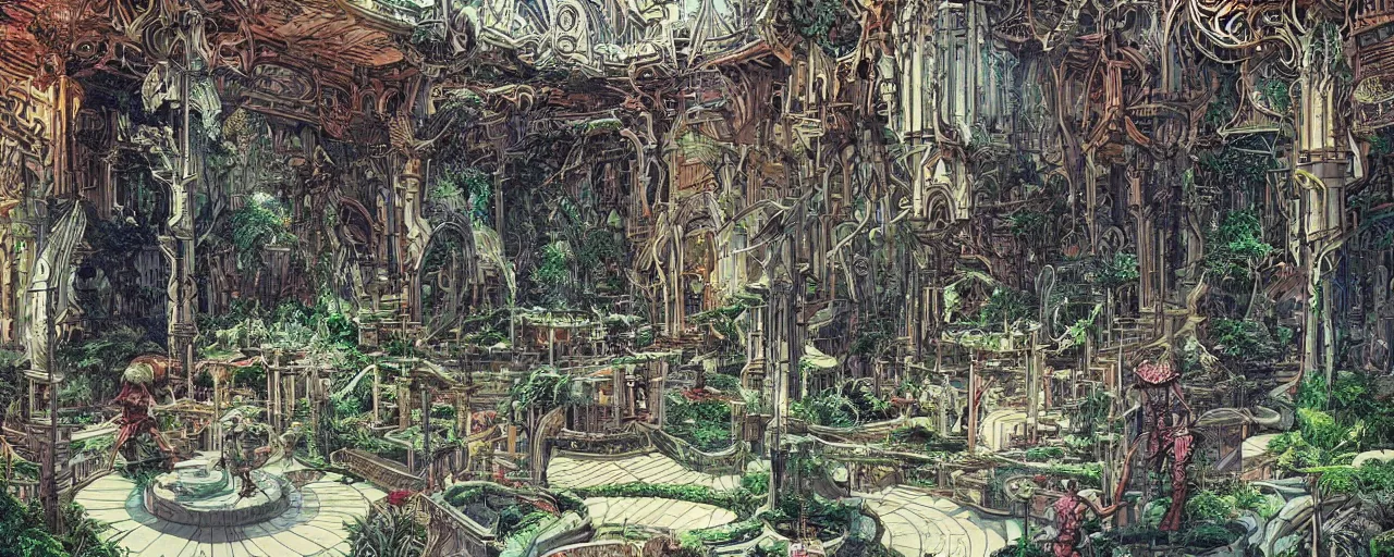 Image similar to a luxurious scifi futuristic victorian garden courtyard by killian eng, moebius, philippe druillet