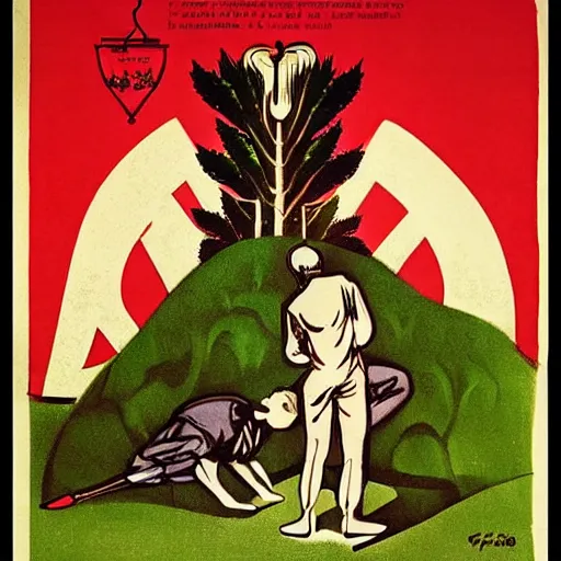 Prompt: Illustrated Russian Propaganda Poster “Make Love not War” from 1941 hanging on a mossy wall. Dynamic lighting.