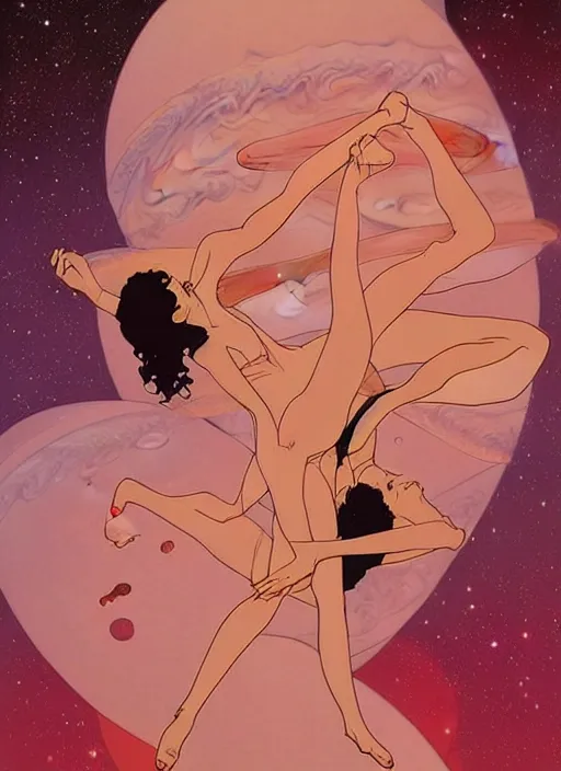 Image similar to poster artwork by michael whelan and tomer hanuka, a portrait of beautiful sensual dancing in the clouds of jupiter, clean