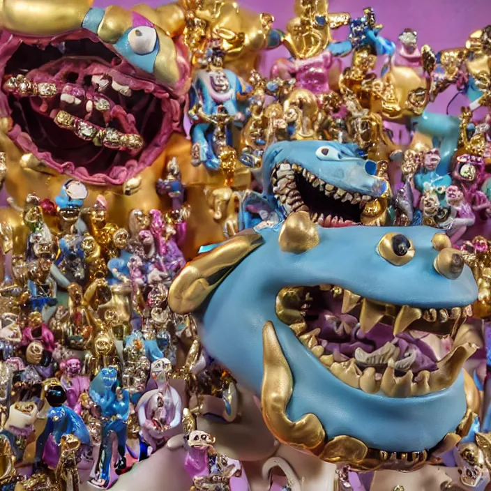 Prompt: jeff koons hip hop style street sharks wearing diamond grillz and a ton of bussdown iced gold bling in wallace & gromit claymation, ultra realistic, concept art, intricate details, serious, highly detailed, photorealistic, octane render, 8 k, unreal engine, art by todd mcfarlane and artgerm and greg rutkowski and alphonse mucha