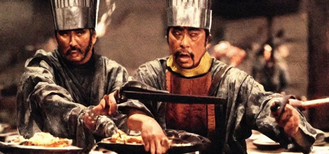 Prompt: scene from Kagemusha, 1980, movie still, cinematic, a chef using magic to make a pizza, epic,