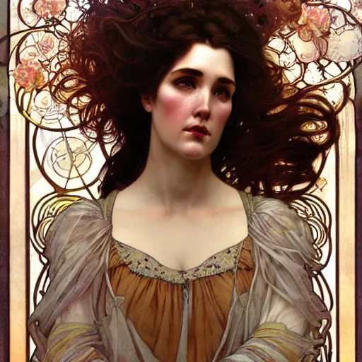 Prompt: realistic detailed face portrait of a flower punk Jennifer Connelly by Alphonse Mucha, Ayami Kojima, Amano, Charlie Bowater, Karol Bak, Greg Hildebrandt, Jean Delville, and Mark Brooks, Art Nouveau, Neo-Gothic, gothic, rich deep moody colors