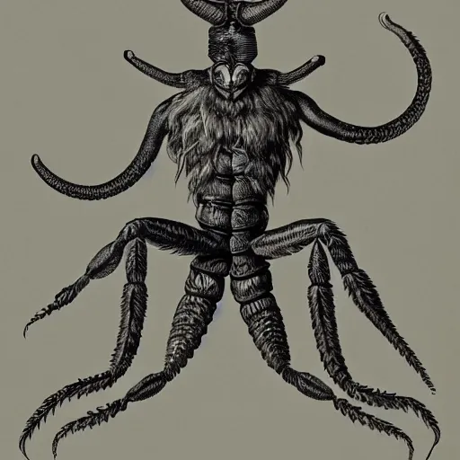 Image similar to He stands on two legs and has human arms ending in claws, with two pairs of wings, a scorpion's tail, a snake that emerges from between his legs in front, and a horned, bearded head with bulging eyes and snarling canine mouth swirls of black gouache, hopeless grey, and a daub of cold blue, intricate, highly detailed, digital painting, artstation, concept art, smooth, sharp focus, illustration, Unreal Engine 5, 8K, art by artgerm and greg rutkowski and alphonse mucha, fantasy epic digital art, epic fantasy card game art