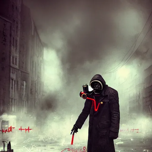 Image similar to hooden villain wearing a gas mask with red goggles, smoke coming out of his long coat, dark background, wall with graffiti, unreal engine 5, ultra realistic, detailed, fog, by greg rutkowski