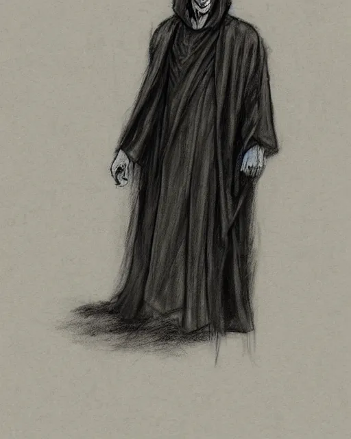 Prompt: character concept portrait of a man in dark robes, hooded, drawn by greg rukowtski