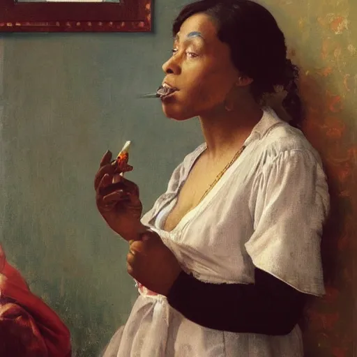 Prompt: a heveanly and depressive renaissance painting of a sad black woman smoking a cigarrete at the window in the style. of norman rockwell, trending on artstation.