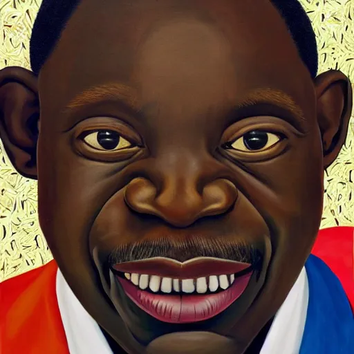 Image similar to a painting of a round face, XXL, happy, Loving, caring, generous, ever-present, humble, wise elder from Kenya in a suit by Kehinde Wiley . Fatherly/daddy, focused, loving, leader, relaxed,. ethereal lights, details, smooth, sharp focus, illustration, realistic, cinematic, artstation, award winning, rgb , unreal engine, octane render, cinematic light, macro, depth of field, blur, red light and clouds from the back, highly detailed epic cinematic concept art CG render made in Maya, Blender and Photoshop, octane render, excellent composition, dynamic dramatic cinematic lighting, aesthetic, very inspirational, arthouse.