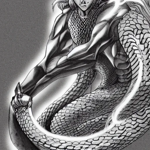 Image similar to a male anime character, naga, serpent body, kentaro miura art style