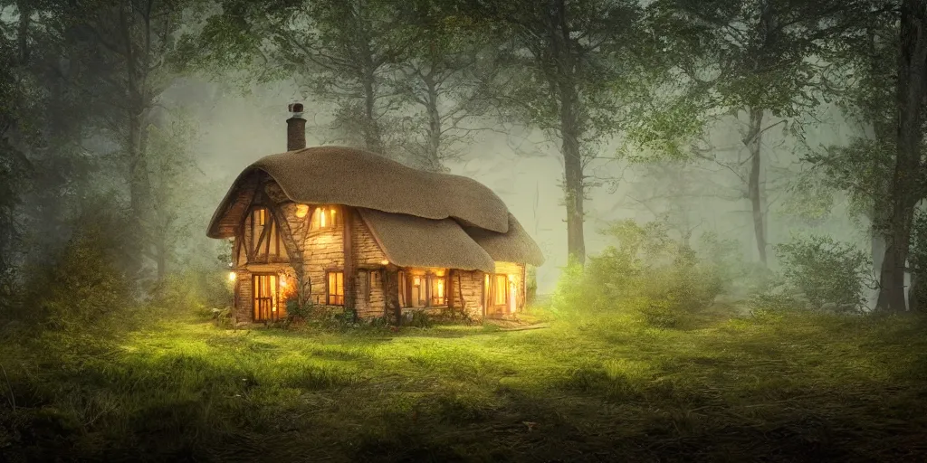 Prompt: a cottage in the woods, fantasy, hyper realistic, dramatic lighting, 8k, wide field of view