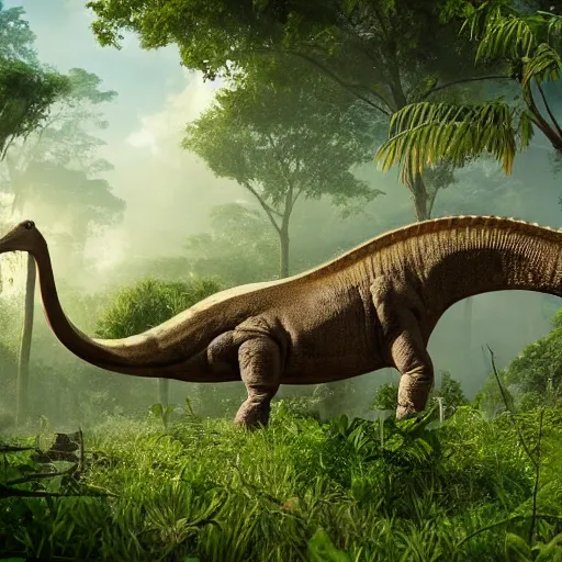 Image similar to a brontosaurus with battle armor and mounted guns walking in a lush jungle, unreal engine, hyperrealistic, volumetric lighting, raytraced