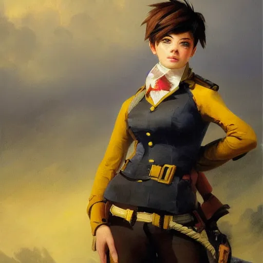 Image similar to oil painting of tracer overwatch in a field wearing spiked collar uniform, in style of ivan aivazovsky, expressive face, detailed face, detailed eyes, full body, feminine face, tracer overwatch,