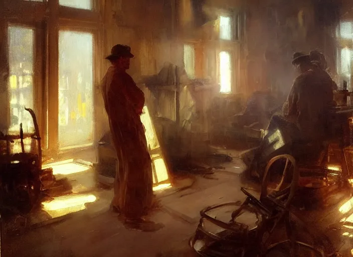 Image similar to oil painting of copper still in factory setting, art by anders zorn, wonderful masterpiece by greg rutkowski, beautiful cinematic light, american romanticism by greg manchess, reflections in copper, sunlight, dust and steam