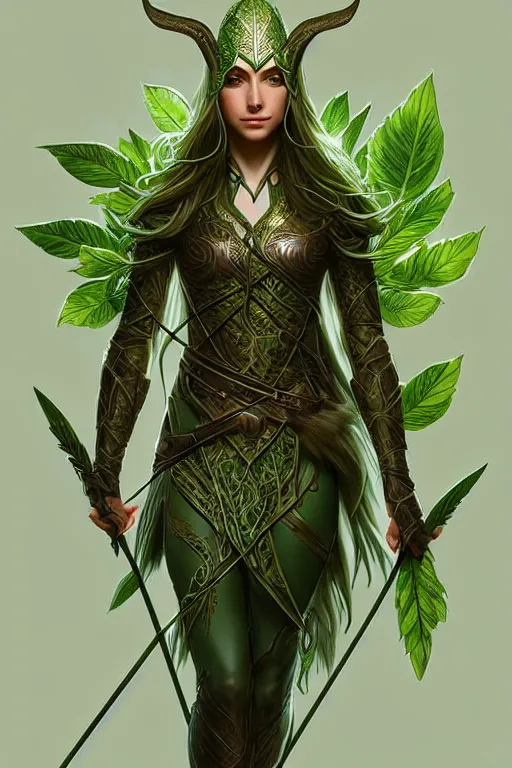 Image similar to male elven Archer armor made of green leaves, fantasy, amber eyes, face, long hair, intricate, elegant, highly detailed, digital painting, artstation, concept art, smooth, sharp focus, illustration, art by artgerm and greg rutkowski and alphonse mucha