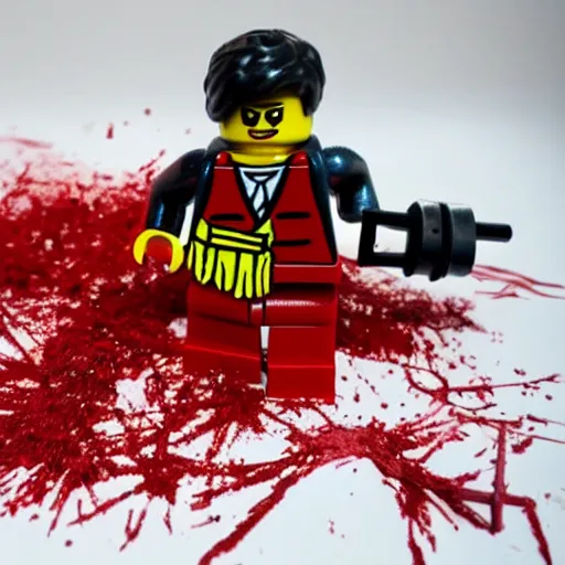 Image similar to a lego set splattered with blood, dark red blood splatter