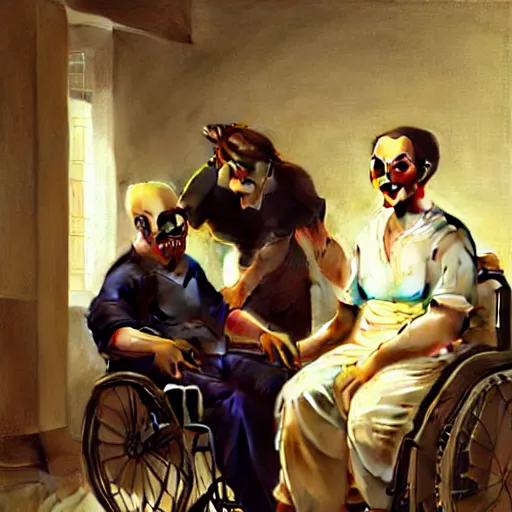 Image similar to a male patient in a wheelchair in the hospital with his wife and son standing by. happy, cheerful, smiling, intricate, face enhance, sharp focus, cinematic lighting, featured in artistation, 8 k, art by greg rutkowski, william adolphe bouguereau