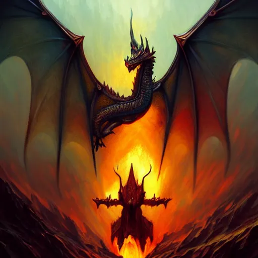 Image similar to full figure dragon, frontal view, skyrim, got, luminous scene, by greg rutkowski and alphonse mucha, d & d monster, gradient yellow to red, in hell, highly detailed, digital painting, artstation, concept art, smooth, sharp focus illustration, artstation hq