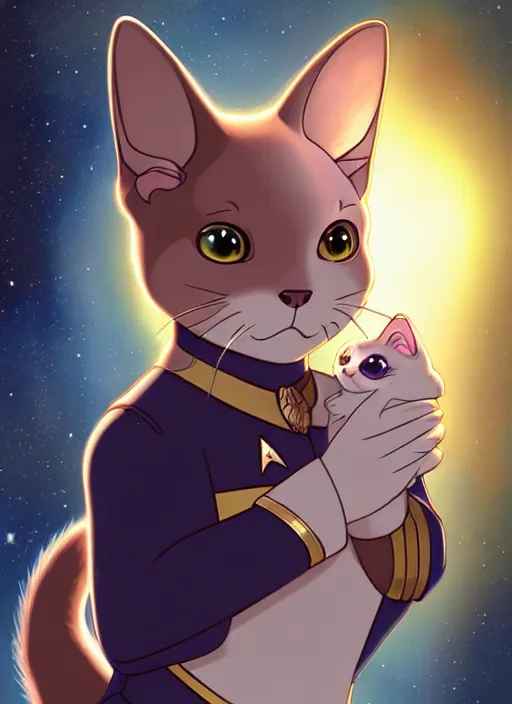 Prompt: cute star trek officer scarred cat, natural lighting, path traced, highly detailed, high quality, digital painting, by don bluth and ross tran and studio ghibli and alphonse mucha, artgerm