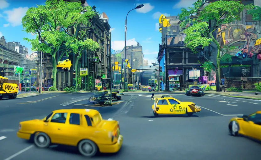 Image similar to ps 4 game about a frog driving a taxi, frog driving a taxi unreal 4 screenshot,