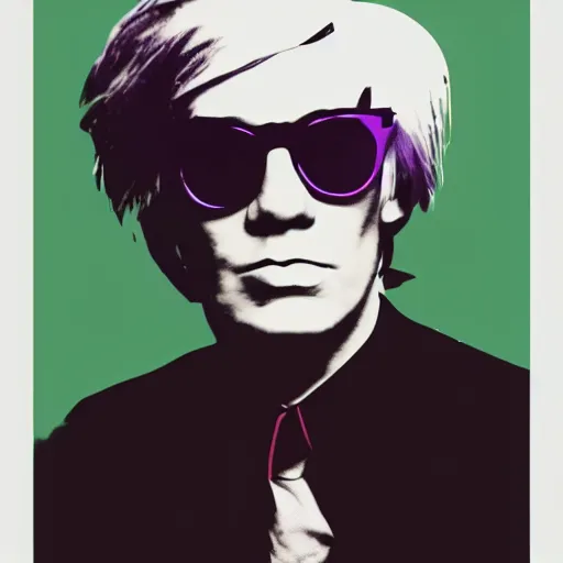 Prompt: colour portrait of absolutely angry andy warhol aged 30 looking sternly into the camera and wearing designer sun glasses, in the style of andy warhol, high quality, trending on artstation, hd