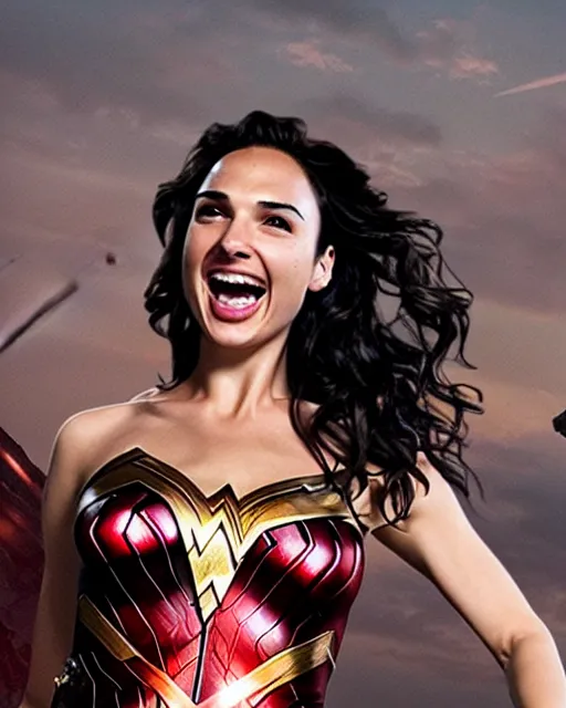 Prompt: gal gadot as she crinkles her nose while laughing, dressed as wonder woman, photorealistic, hdr, color, hyperreal