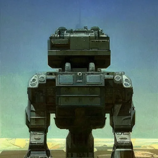 Image similar to a giant tank bot. science fiction. cinematic sci - fi scene. symmetry. accurate anatomy. science fiction theme. brutalism. intricate detail. epic. retrofuturism. surrealism. intimidating. retrofuturism. art by john singer sargent - akira toriyama - keith parkinson - joaquin sorolla - edward hopper - kev walker