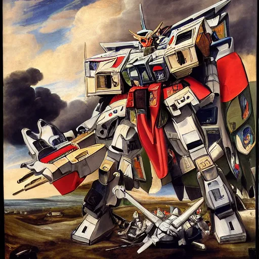 Image similar to peter paul rubens as consequences of wars with mecha gundam invited, random content position, delete duplicate content, photorealistic details content.