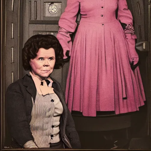 Prompt: the tardis and imelda staunton as dolores umbridge in pink clothes in the tardis, blue police box, highly detailed, artstation, concept art, smooth, sharp focus, illustration, perfect face, art by karl blossfeldt, willem claesz. heda, nikolay makovsky, jacek malczewski, arthur hughes