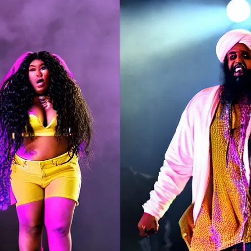 Prompt: osama bin laden and lizzo performing live on stage at coachella