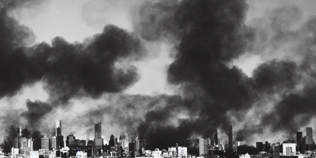 Prompt: diseselpunk skyline engulfed in flames, wide angle shot, 120 black and white film