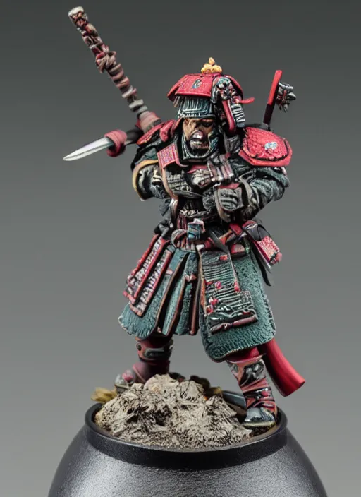 Prompt: 8 0 mm resin detailed miniature of a warhammer 4 0 k catachan samurai, product introduction photos, 4 k, full body