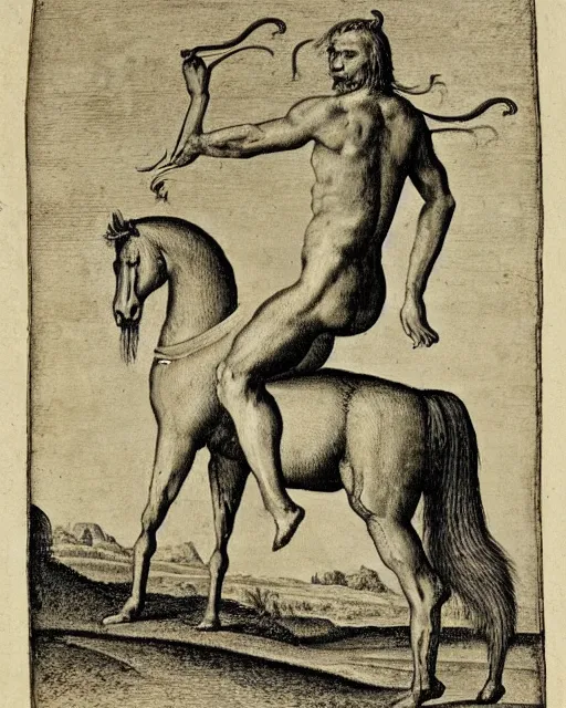 Prompt: centaur, high detail, extremely detailed, very sharp, in the style of theodor de bry, jost amman,