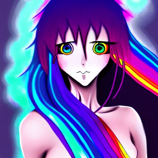 Image similar to a woman with rainbow hair and rainbow glowing eyes, anime, fantasy art, professional art, artstation, high detail