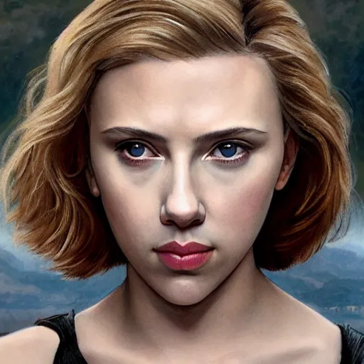 Prompt: headshot of scarlett johansson as ava in ex machina by william bouguereau and louis rhead