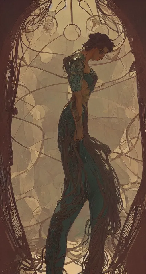 Image similar to beauty art nouveau woman, rusty robotic, trending on artstation, by WLOP,Artgerm,Greg Rutkowski,Alphonse Mucha