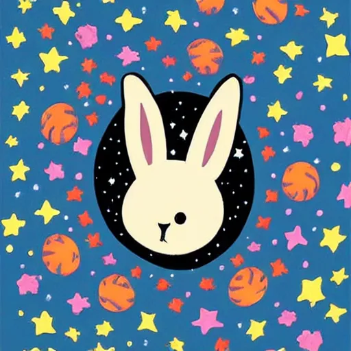 Prompt: A happy cartoon bunny protruded halfway out of a spiral black hole of stars and looked ahead-H 768