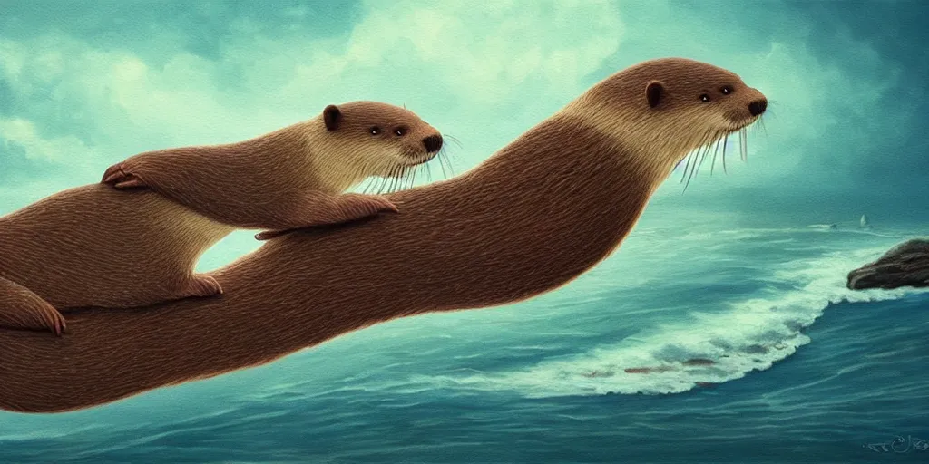 Image similar to otters hold hands while they sleep so nobody will drift away to the sea during the stormy night , fantasy illustration, cinematic, award winning, romantic, detailed trending on artstation, masterpiece