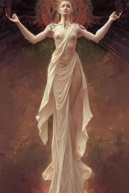 Image similar to a full body portrait of a beautiful ethereal delicate mage queen meditative sacral pose catholic stages of the cross, intricate, elegant, highly detailed, digital painting, artstation, concept art, smooth, sharp focus, illustration, art by krenz cushart and artem demura and alphonse mucha