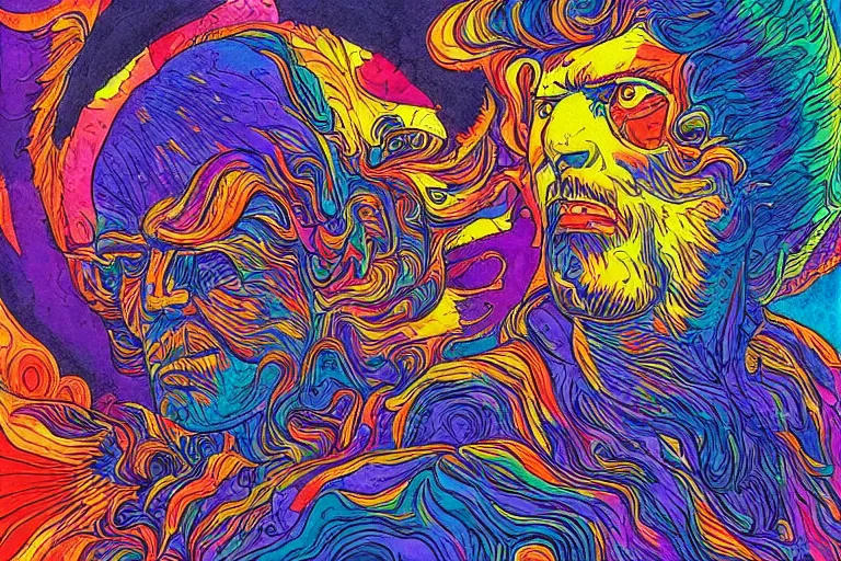 Prompt: a psychedelic tribute to nick sand in the style of a jean giraud digital art masterpiece