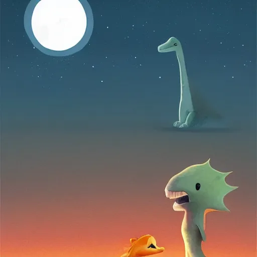 Image similar to cute dino in lake under big full moon, painting by Goro Fujita and pascal campion, sharp focus, simon stahlberg, highly detailed, ArtStation