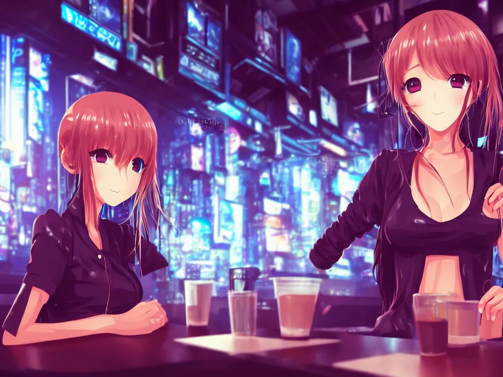 Image similar to cute anime girl alone in a cyberpunk city bar, very detailed, perfect face, long hair