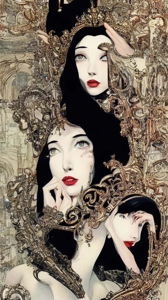 Image similar to a beautiful black haired woman with pale skin and a crown on her head sitted on an intricate metal throne new york circa 1 9 8 4 edward hopper and james gilleard, surreal, open ceiling, highly detailed, airbrush, ilya kuvshinov, wlop, stanley artgerm, very coherent, art by takato yamamoto and james jean