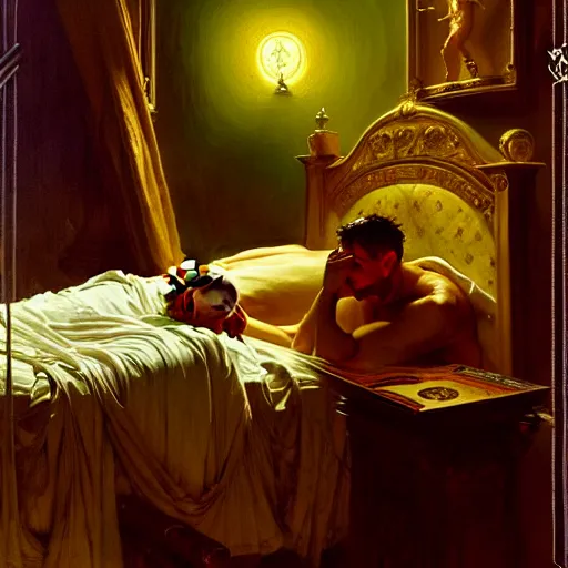 Image similar to the pope wakes up is his bed, sweating, nervous, terrified, because a double horned shadow demon lurks in the papal bedroom. highly detailed painting by gaston bussiere, j. c. leyendecker, greg rutkowski, craig mullins 8 k